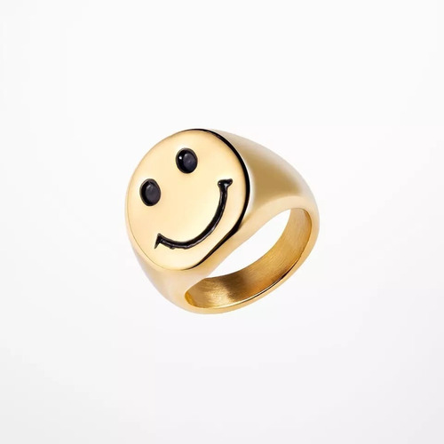 Anillo Acero Inoxidable Carita Feliz Dorado Unisex Moda