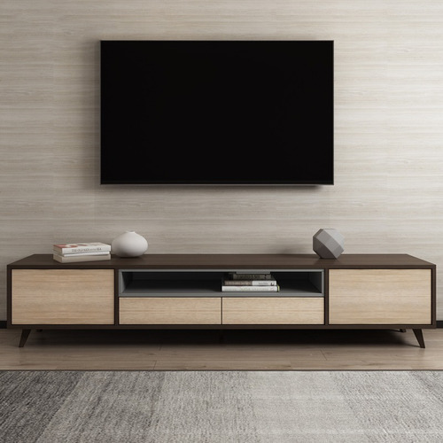Mueble Para Televisio Estilo Nordico Minimalista 240x50x70 Nogal Britanico/monarca/gris