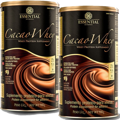 x2 Suplemento em Pó Essential Nutrition Cacao Whey Sabor Chocolate em Lata de 900g