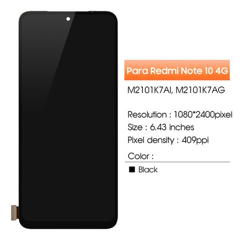 Tela de toque da marca Srjtek Oled para Redmi Note 10 4g 10s M2101K7ai, M2101K7ag M2101K7bg, M2101K7bi, M2101K7bny, M2101K7bl Display Touch Screen preta