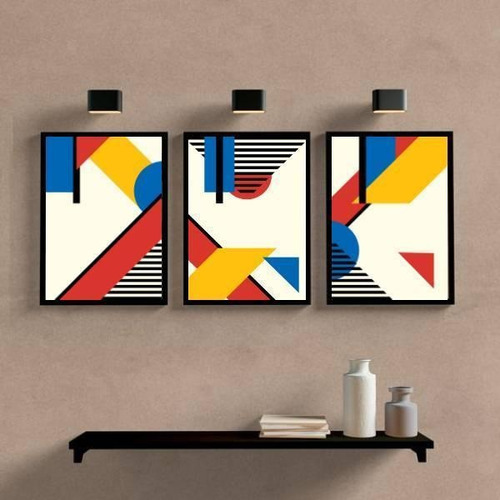 Kit 3 Quadros Abstratos Mondrian 33x24 C/vidro Madeira Preta