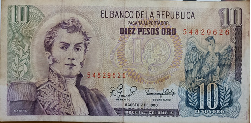 Billete Antiguo De 10 Pesos Oro Colombianos