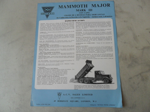 Folleto Camion Mammoth Major Antiguo Aclo No Manual Ingles