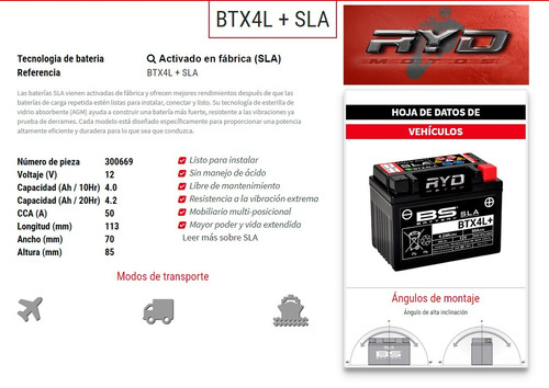Imagen 3 de 8 de Bateria Honda 100 C 100 Biz Btx4l = Ytx4l-bs Bs Battery