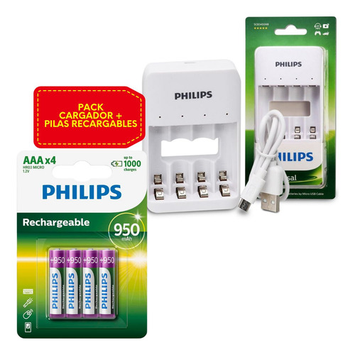 Cargador Philips + 4 Pilas Aaa Energía  Recargables 