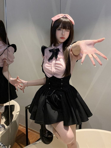 Vestido Correa Uniforme Corbata De Moño Camisa Falda Plisada