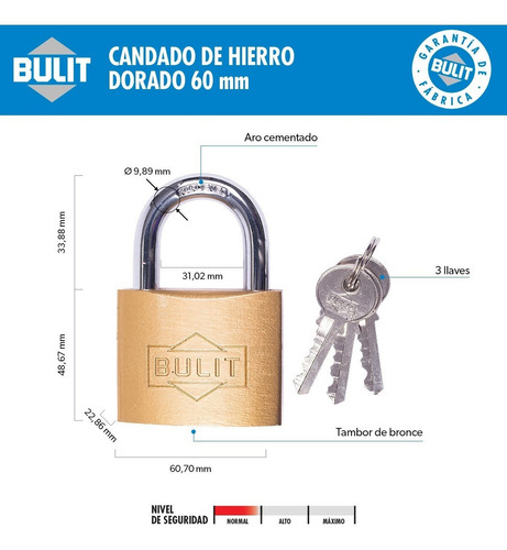 Candado De Hierro Dorado Bulit N° 60