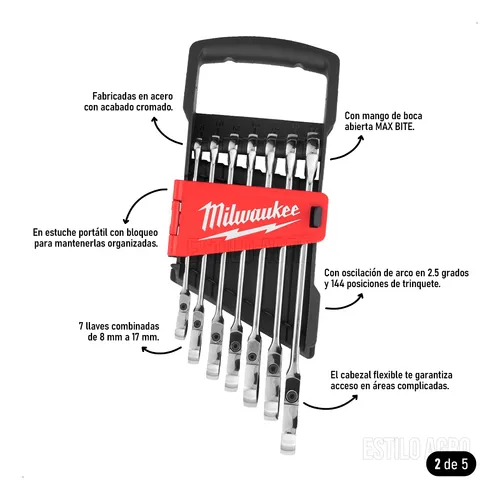 Set De 7 Llaves Combinadas Con Crique Flexible Milwaukee