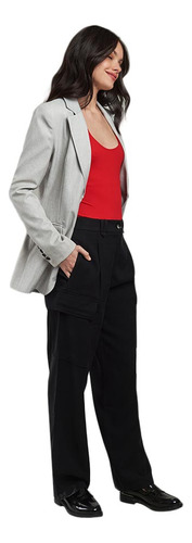Pantalón Sastre Negro Recto Para Mujer Casual Con Bolsas