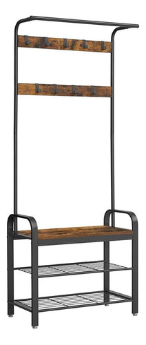 Vasagle Perchero Zapatero, Perchero Con Banco Recibidor, 4 En 1, 9 Ganchos Extraíbles, Barra Superior, Para Entrada Pasillo, 33,7 X 77 X 183 Cm, Industrial, Marrón Rústico Y Negro Mhsr40b