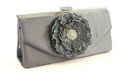 Clutch Cartera Pellizco Flor Saten Gris Importados