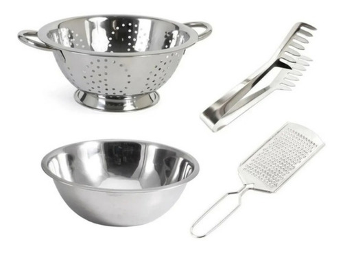 Set X4 Cocina Pasta Colador Bowl Pinza Quesera Acero Inox 