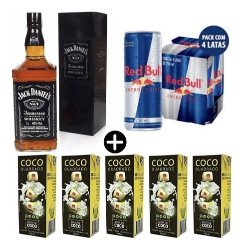 Combo Whisky Jack Daniel's 1l + 4 Red Bulls + Agua De Coco