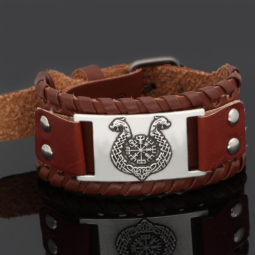 Pulsera Brazalete Cuero Dragón Vikingo Nórdico Runas Hombre