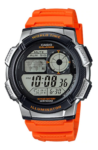 Reloj de pulsera Casio Youth Series AE-1000 de cuerpo color plateado, digital, para hombre, fondo negro, con correa de resina color naranja, dial negro, subesferas color gris, minutero/segundero negro, bisel color negro, luz ámbar y hebilla simple