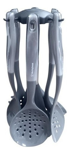 Set De 6 Utensilios De Nylon Para Cocina + Base Giratoria Color Gris