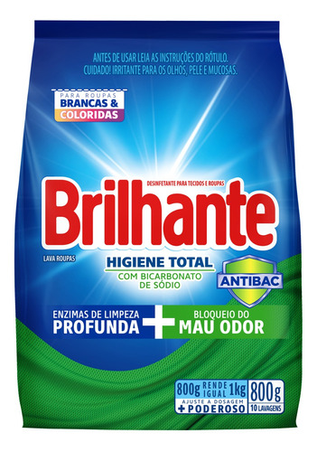 Sabão em pó Brilhante Higiene Total Roupas Brancas e Coloridas tradicional antibacterial pacote 800 g