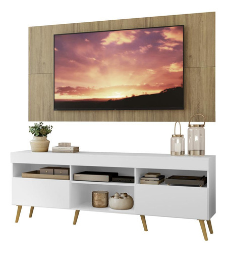 Rack Com Painel Tv 65 Retrô Londres Multimóveis V3337 R Cor Rustic/Branco/Natural