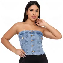 Comprar Blusa Top Cropped Jeans Tomara Que Caia C\u002F Botões Frontal