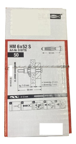 Caja 50 Taquetes Para Tablaroca Metalico Fischer Hm 6x52 S 