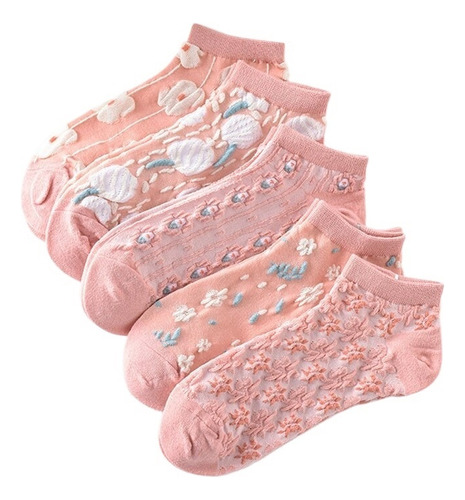 5 Pares De Calcetines Tobilleros Con Textura Flor Kawaii