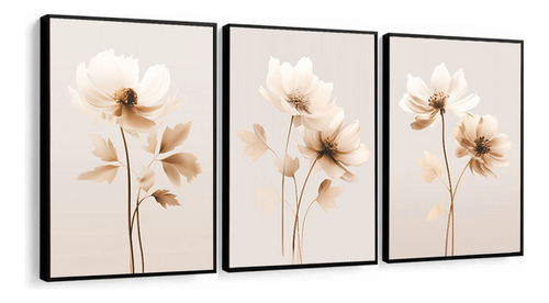 Kit Quadros Decorativos Flores Brancas Bege Moderno Moldura
