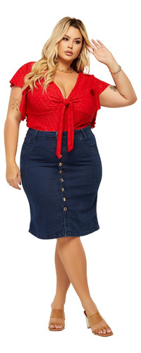 Saia Jeans Midi Lápis Evangélica Plus Size Preta Elegante