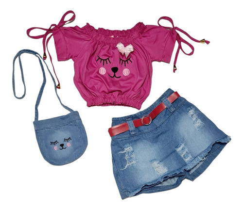 Imagem 1 de 8 de Conjunto Mini Diva Jeans Com Bolsinha Blogueirinha Verão 