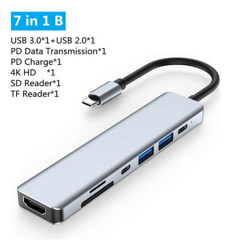 Hub Tipo C 7 Em 1 Macbook Hdmi 4k Usb 3.0 Usb-c Pd Cartão Sd