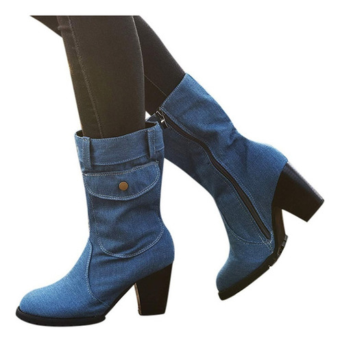 Botas De Piel Vaquera Vintage Con Tacón Grueso For Mujer