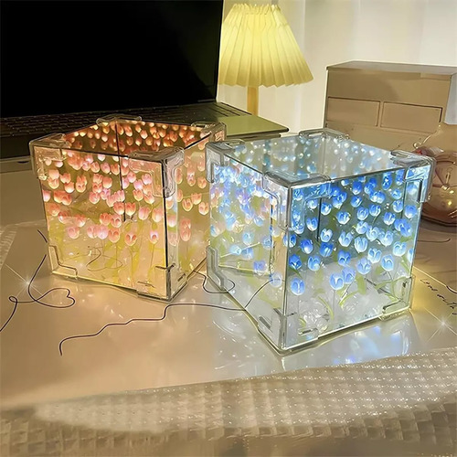 Cubo Tulipanes Infinito Lampara Noche Cubo Espejo Romantico Estructura Azul Pantalla Blanco Azul Blanco