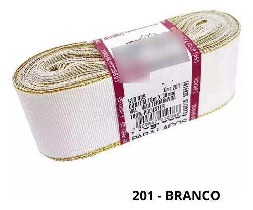 Fita De Gorgurão Gld 38mm Borda Dourada Progresso N°09 10m Cor 201 - Branco