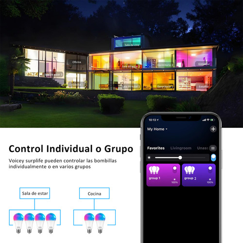 4 Focos Led Lapurete's Inteligentes Wifi Rgbcw Alexa Google 9w 800lm Música Voz Multicolor 2.4ghz E26 Smart Bulb Ajustable 2700-6500k Bluetooth Control De Android Ios Surplife/briturn App