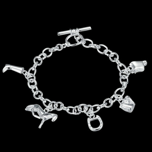 Imagen 3 de 8 de Pulsera Plata 925 Con Dijes Caballo, Herraduras, Bota