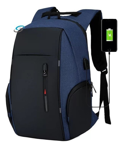 Mochila Back Pack Antirrobo Con Usb Moda Super Calidad L-r G Color Azul Diseño De La Tela Impermeable