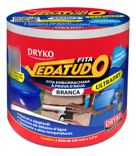 Fita Emborrachada Cola Debaixo D`água Forte 10cm X 1,5m Cor Branca