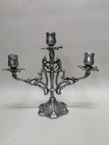 Candelabro De Mesa Antiguo En Aluminio De 3 Velas 1970