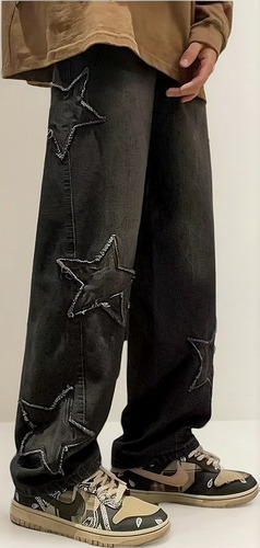 Tk Calça Jeans Larga Com Corte Solto E Estampa