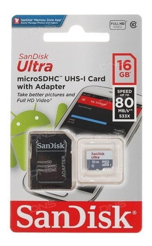 Imagem 1 de 1 de Cartão Memória Sandisk Micro Sd Ultra 16gb 80mb/s Classe 10