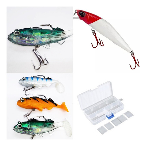 4 Señuelos Silicona 8cm C/triple +  2 Big Fish + Regalo Caja