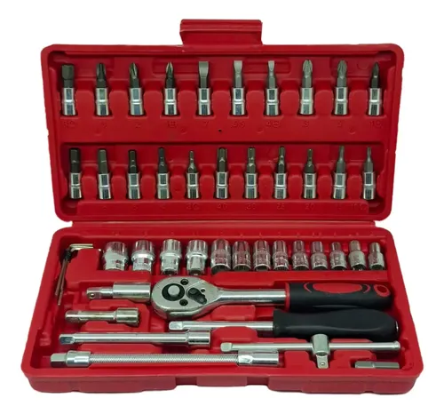 Jogo Kit Ferramenta Catracas Estojo 46 Peças Aço CrV Catraca Crique