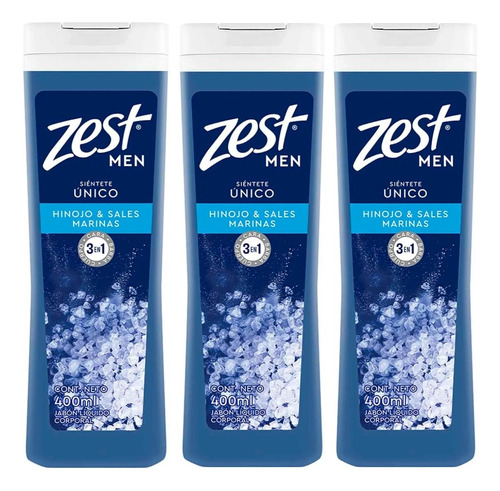 3 Jabón Líquido Zest Men Hinojo Y Sales Marinas 3 En 1 400ml