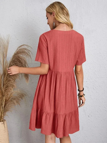 Vestido Midi De Manga Corta Con Cuello En V Para Mujer