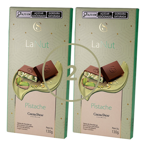 Tablete Lanut Chocolate Pistache Cacau Show 130g-kit 2 Barra
