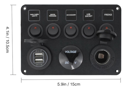Imagem 2 de 4 de Painel Elétrico 5 Chaves 2 Usb Com Voltímetro Lancha Barco
