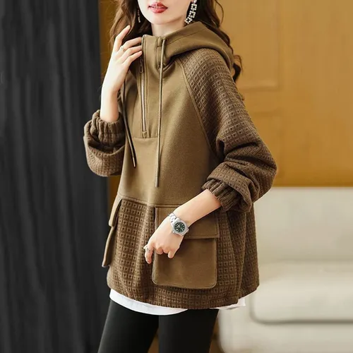 Sudadera Con Capucha Y Cremallera Color Block Para Mujer