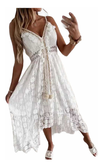 Vestido Blanco Largo Asimétrico Encaje Fiesta Playa Girlboss | Envío gratis