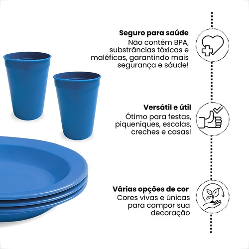 Kit Refeição 4 Pratos + 4 Copos 350ml Para Merenda Cozinha