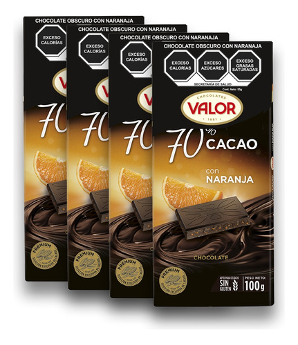 Chocolate Valor 70% Cacao C/naranja 4 Pack De 100 Gr C/u
