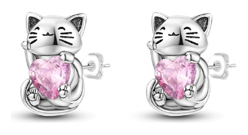 Aros Gatito Y Corazón Circón Rosa En Plata 925 Silver Heart